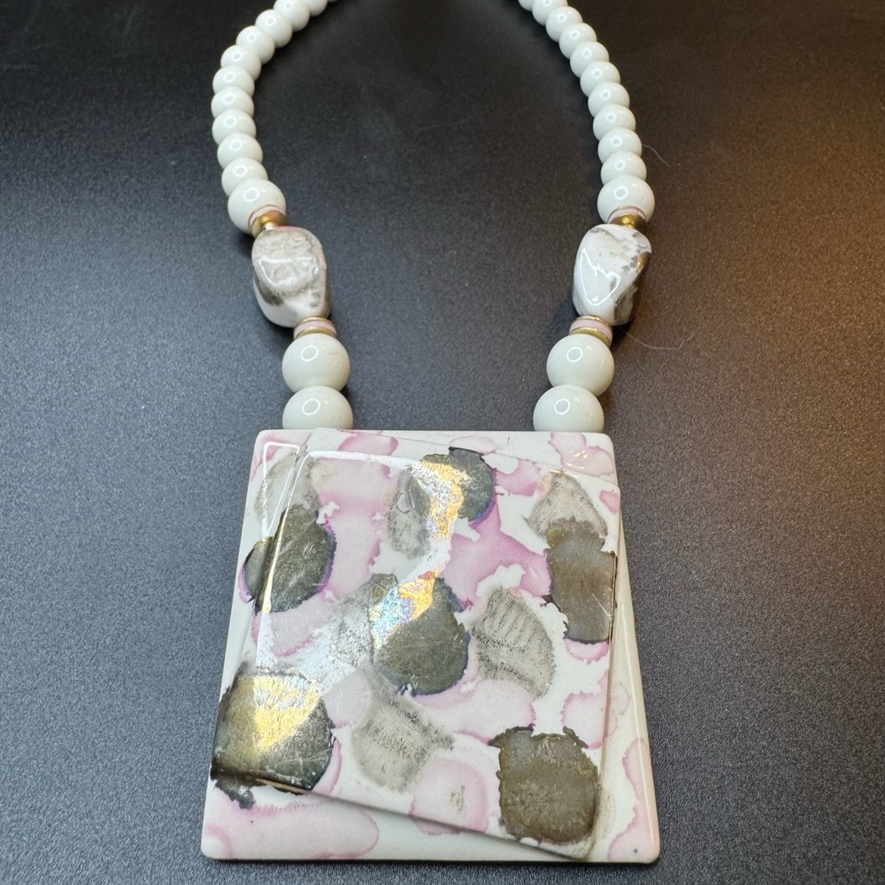 Gold Tone, and Black Porcelain Vintage Necklace. Signed Japan.